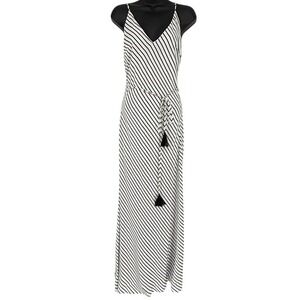 Aakaa Womens Black White Striped Tassel Tie Maxi Dress Small Open Back V-Neck